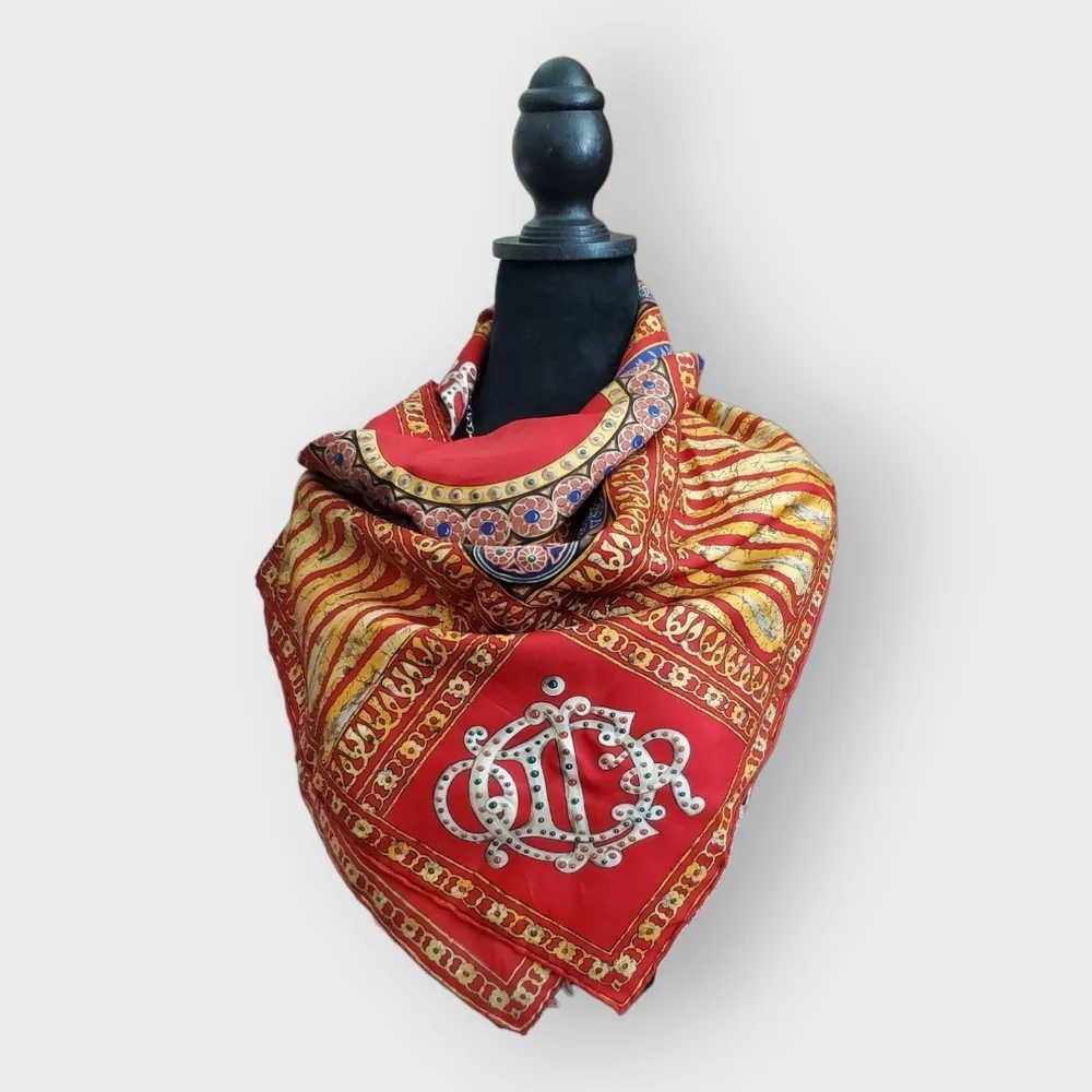 DIOR Vintage Red, Gold & Blue Silk Scarf - Intricate Hand Rolled Edges 90 Square
